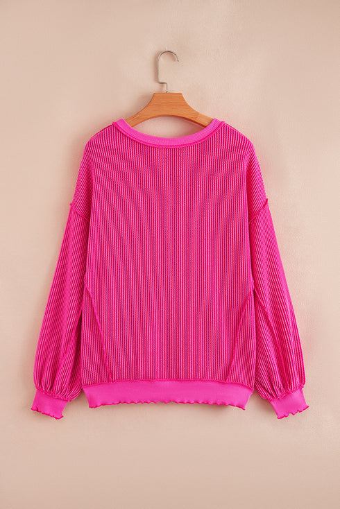 Twisted Rib Knit Asymmetrical Hem Drop Shoulder Pullover Top