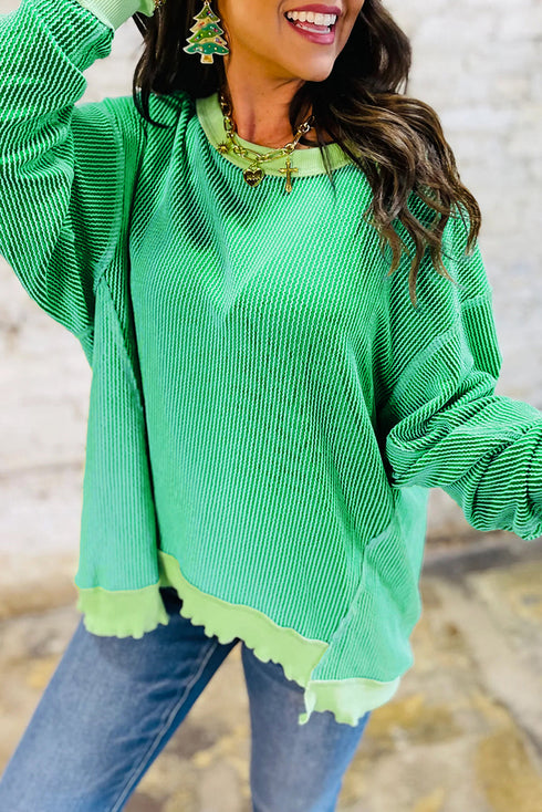 Twisted Rib Knit Asymmetrical Hem Drop Shoulder Pullover Top