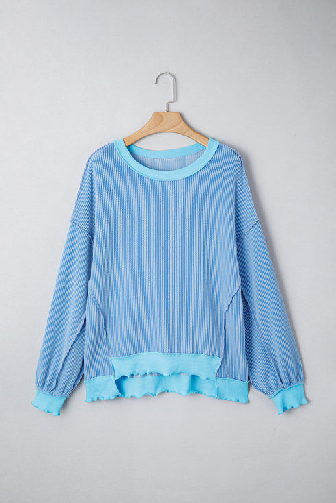 Twisted Rib Knit Asymmetrical Hem Drop Shoulder Pullover Top