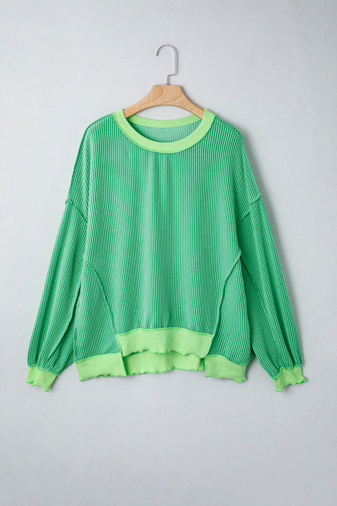 Twisted Rib Knit Asymmetrical Hem Drop Shoulder Pullover Top