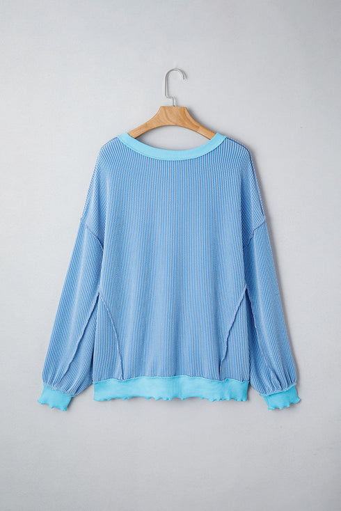 Twisted Rib Knit Asymmetrical Hem Drop Shoulder Pullover Top