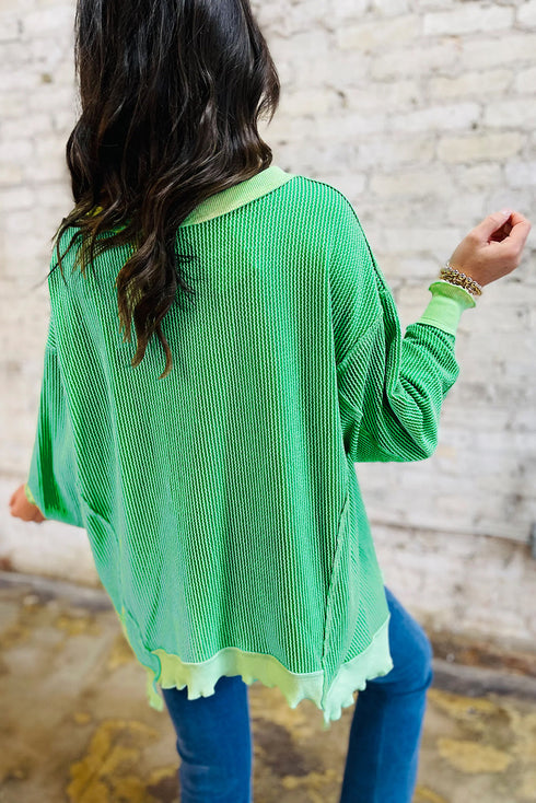Twisted Rib Knit Asymmetrical Hem Drop Shoulder Pullover Top