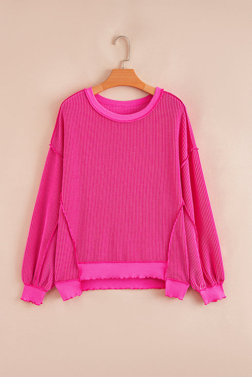 Twisted Rib Knit Asymmetrical Hem Drop Shoulder Pullover Top