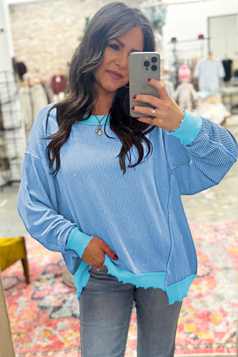 Twisted Rib Knit Asymmetrical Hem Drop Shoulder Pullover Top