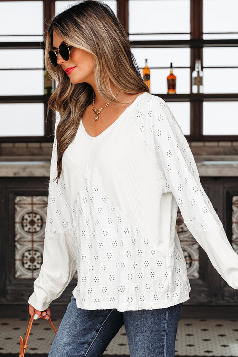 Twisted Rib Patchwork V Neck Long Sleeve Casual Top
