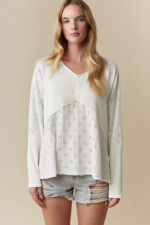 Twisted Rib Patchwork V Neck Long Sleeve Casual Top