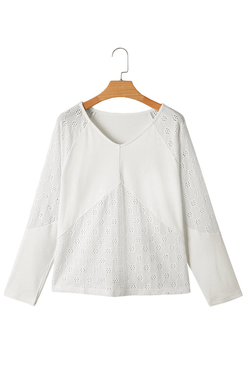 Twisted Rib Patchwork V Neck Long Sleeve Casual Top