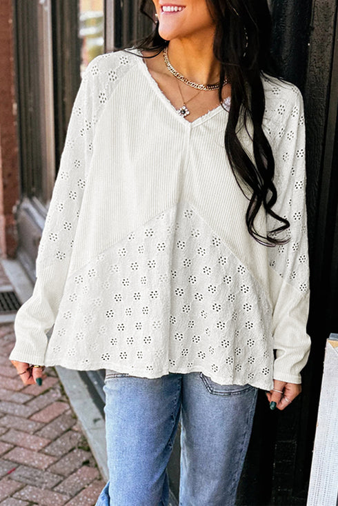 Twisted Rib Patchwork V Neck Long Sleeve Casual Top