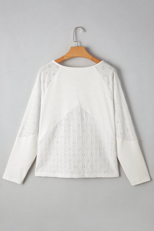 Twisted Rib Patchwork V Neck Long Sleeve Casual Top
