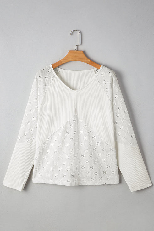 Twisted Rib Patchwork V Neck Long Sleeve Casual Top