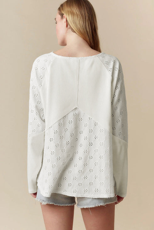 Twisted Rib Patchwork V Neck Long Sleeve Casual Top