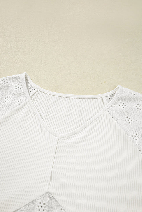 Twisted Rib Patchwork V Neck Long Sleeve Casual Top