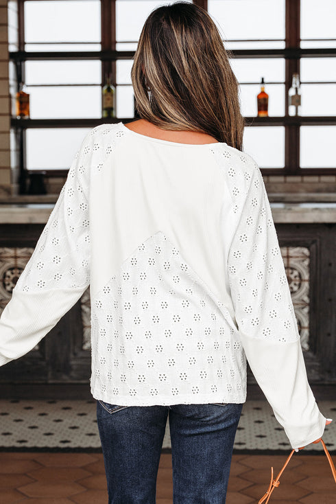 Twisted Rib Patchwork V Neck Long Sleeve Casual Top