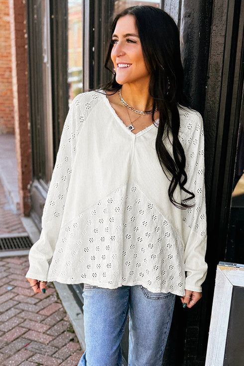 Twisted Rib Patchwork V Neck Long Sleeve Casual Top