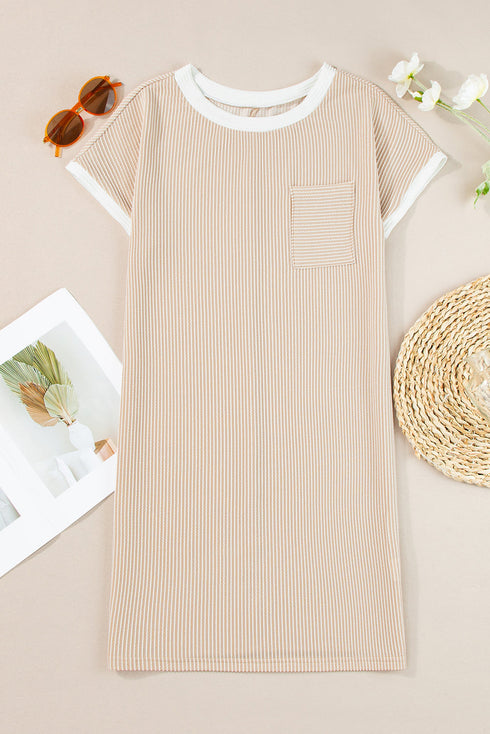 Twisted Ribbed Contrast Trim Shift T Shirt Dress