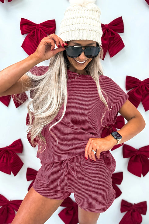 Twisted Ribbed Loose Tee Drawstring Short Set