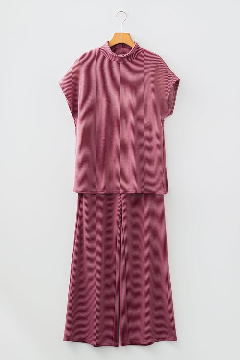 Twisted Ribbed Mock Neck Wide Leg Pant Set