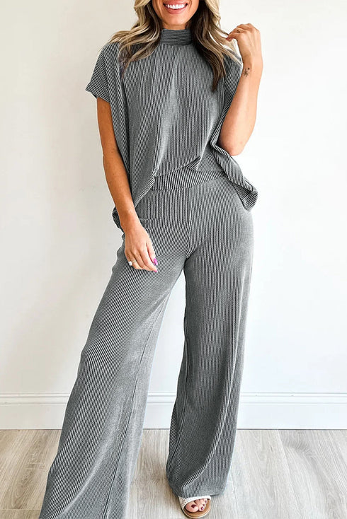 Twisted Ribbed Mock Neck Wide Leg Pant Set