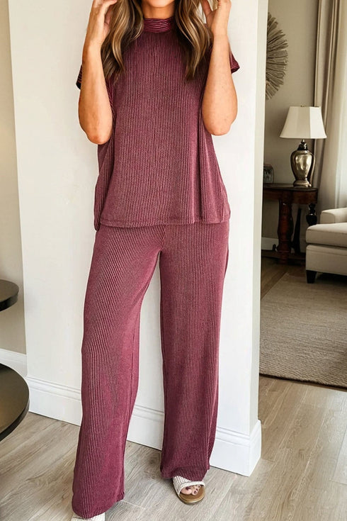 Twisted Ribbed Mock Neck Wide Leg Pant Set