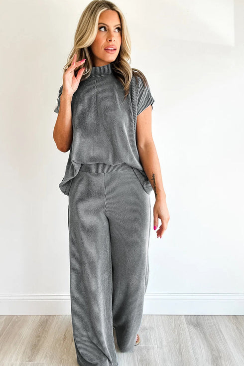Twisted Ribbed Mock Neck Wide Leg Pant Set