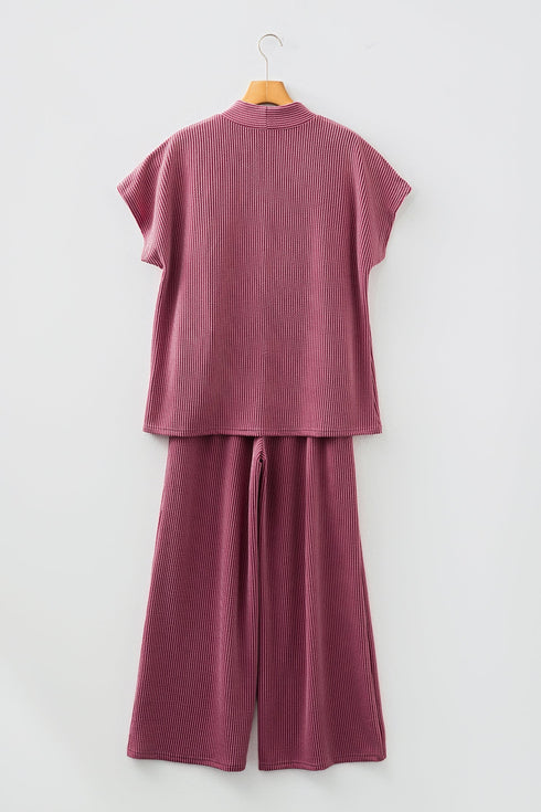 Twisted Ribbed Mock Neck Wide Leg Pant Set