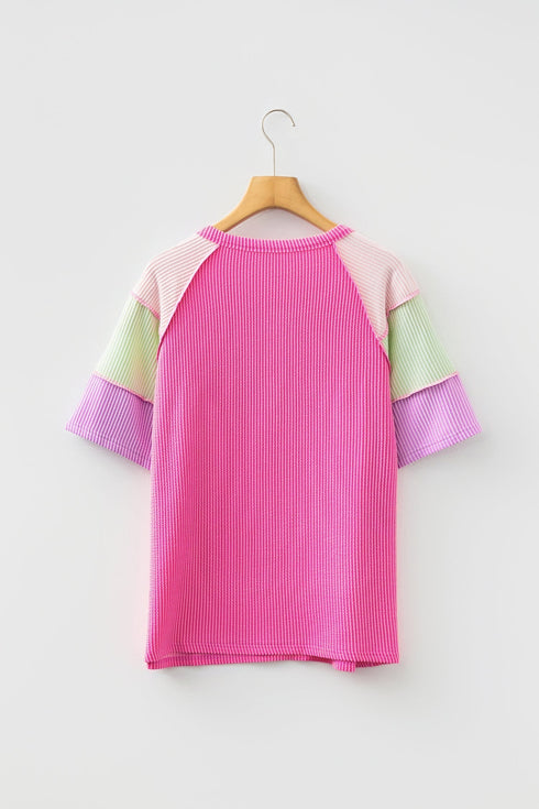 Twisted Ribbed Patchwork Corded Short Sleeve Henley Top