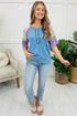 Twisted Ribbed Patchwork Corded Short Sleeve Henley Top