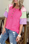 Twisted Ribbed Patchwork Corded Short Sleeve Henley Top