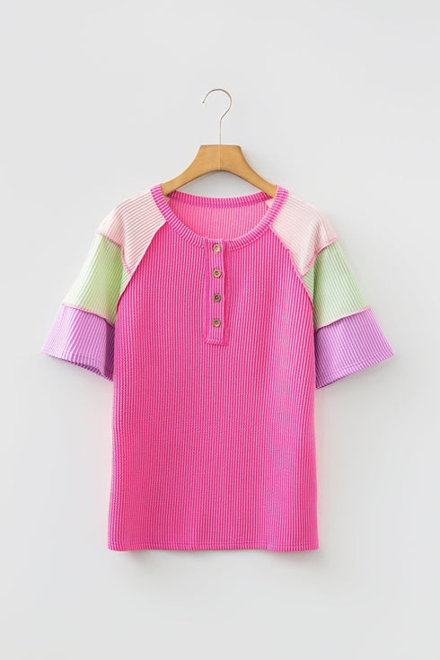 Twisted Ribbed Patchwork Corded Short Sleeve Henley Top