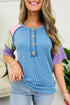 Twisted Ribbed Patchwork Corded Short Sleeve Henley Top