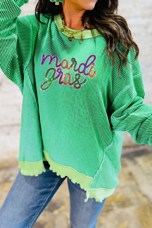 Twisted Ribbed Sequin Graphic Exposed Seam Patchwork Tee