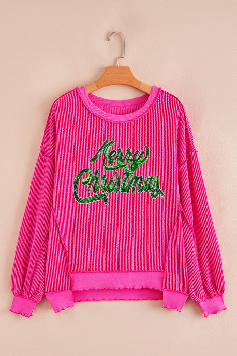 Twisted Ribbed Texture Sequin Letter Graphic Long Sleeve Top