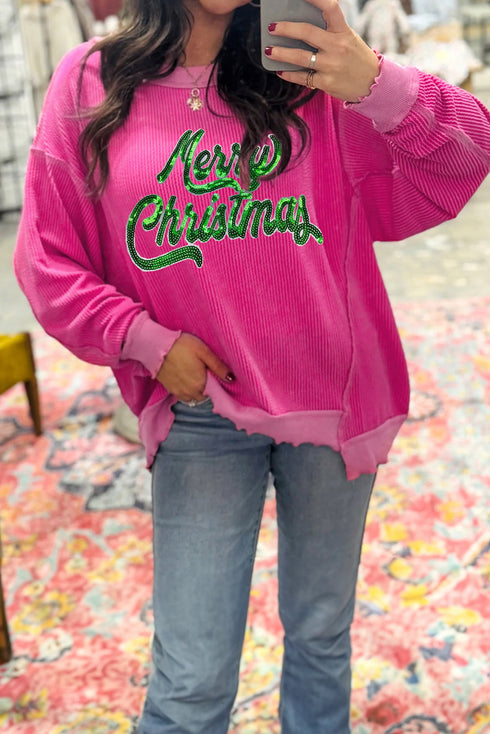 Twisted Ribbed Texture Sequin Letter Graphic Long Sleeve Top