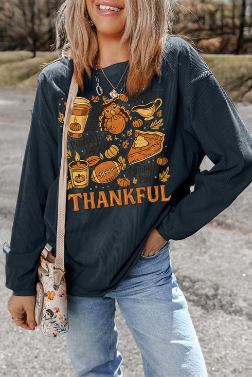 Twisted Ribbed THANKFUL Graphic Drop Shoulder Sweatshirt