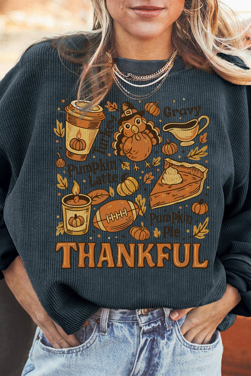 Twisted Ribbed THANKFUL Graphic Drop Shoulder Sweatshirt