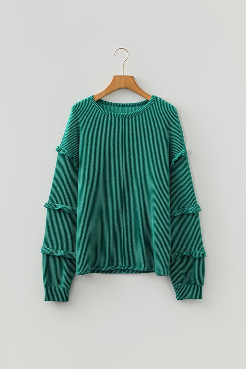 Twisted Ribbed Tiered Ruffle Long Sleeve Pullover Top