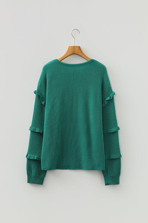 Twisted Ribbed Tiered Ruffle Long Sleeve Pullover Top