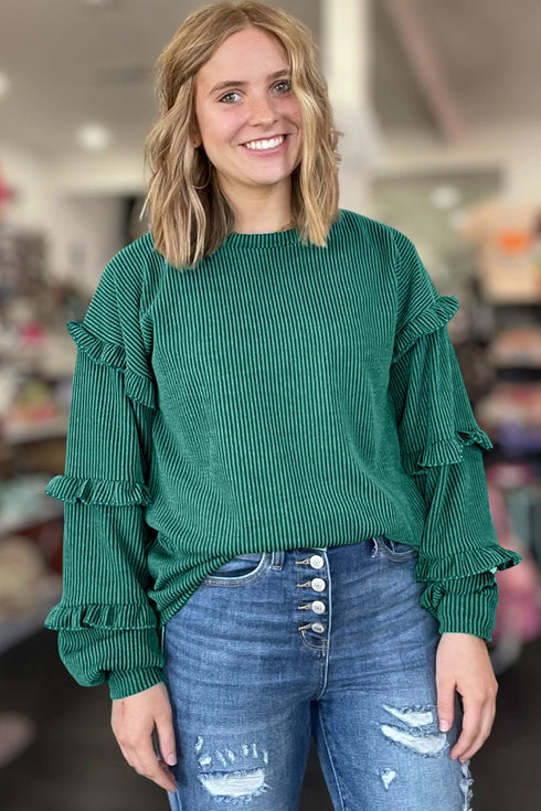 Twisted Ribbed Tiered Ruffle Long Sleeve Pullover Top