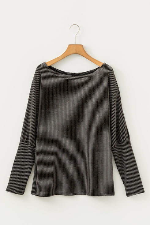 Twisted V Neck Ribbed Knit Dolman Long Sleeve Top