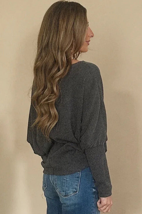 Twisted V Neck Ribbed Knit Dolman Long Sleeve Top