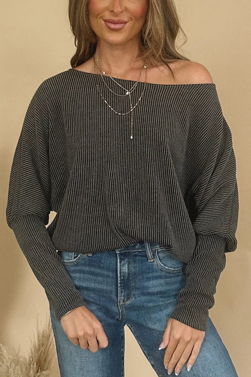 Twisted V Neck Ribbed Knit Dolman Long Sleeve Top