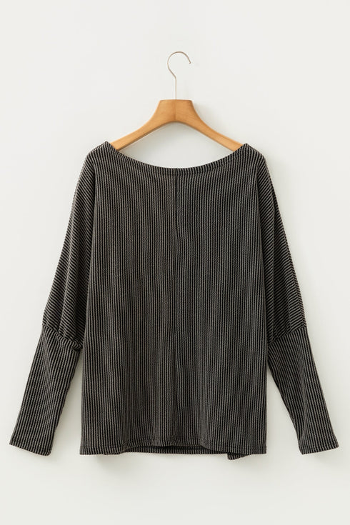 Twisted V Neck Ribbed Knit Dolman Long Sleeve Top