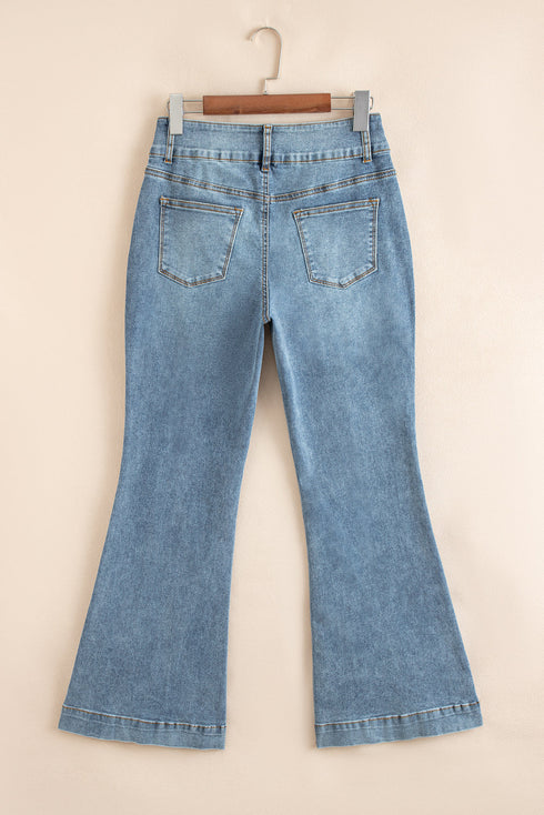 Two Button High Waist Piping Trim Bootcut Denim Jeans