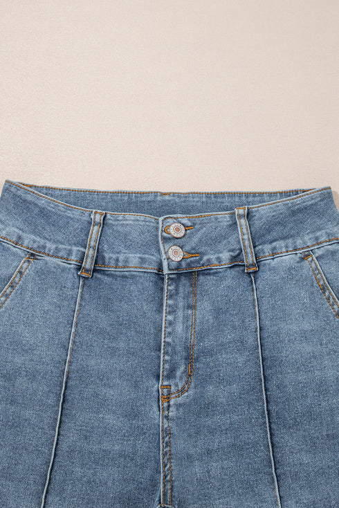 Two Button High Waist Piping Trim Bootcut Denim Jeans