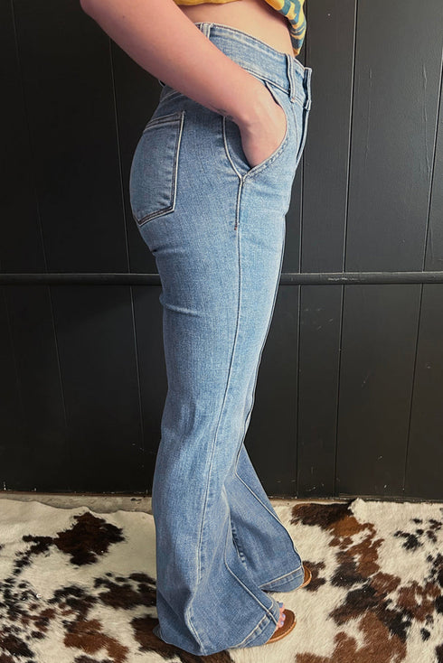 Two Button High Waist Piping Trim Bootcut Denim Jeans