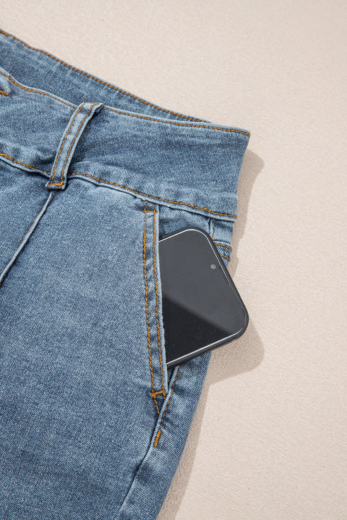 Two Button High Waist Piping Trim Bootcut Denim Jeans