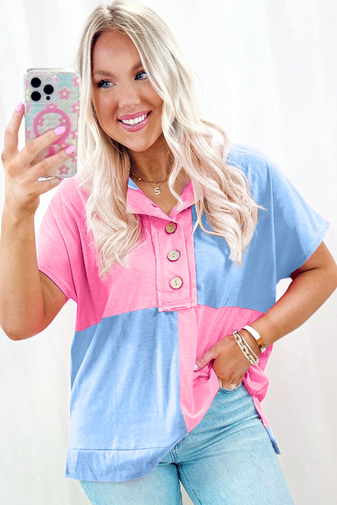 Two Tone Half Buttons Collared T Shirt