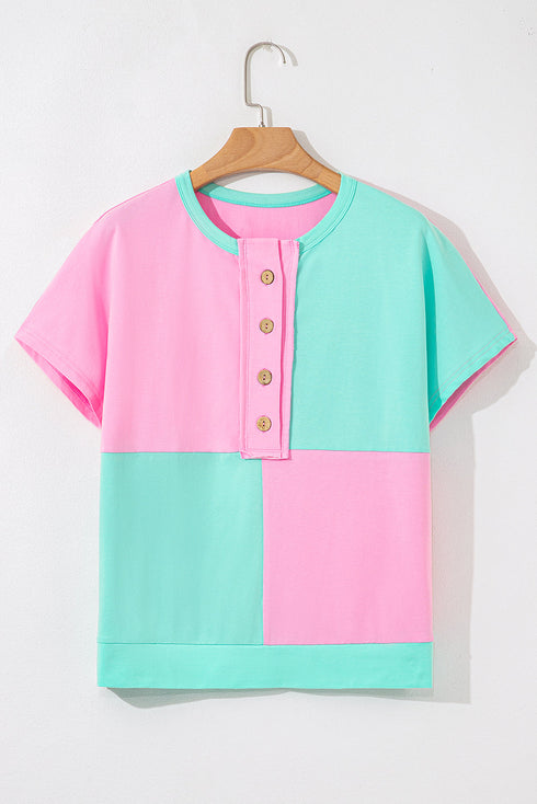 Two Tone Half Buttons Collared T Shirt