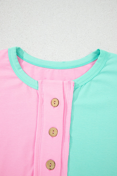 Two Tone Half Buttons Collared T Shirt