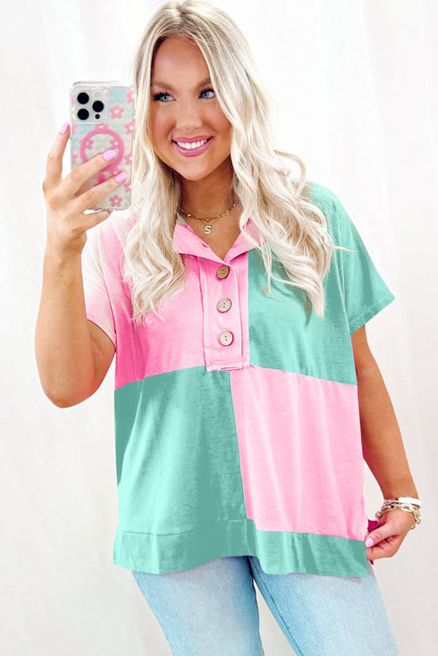 Two Tone Half Buttons Collared T Shirt